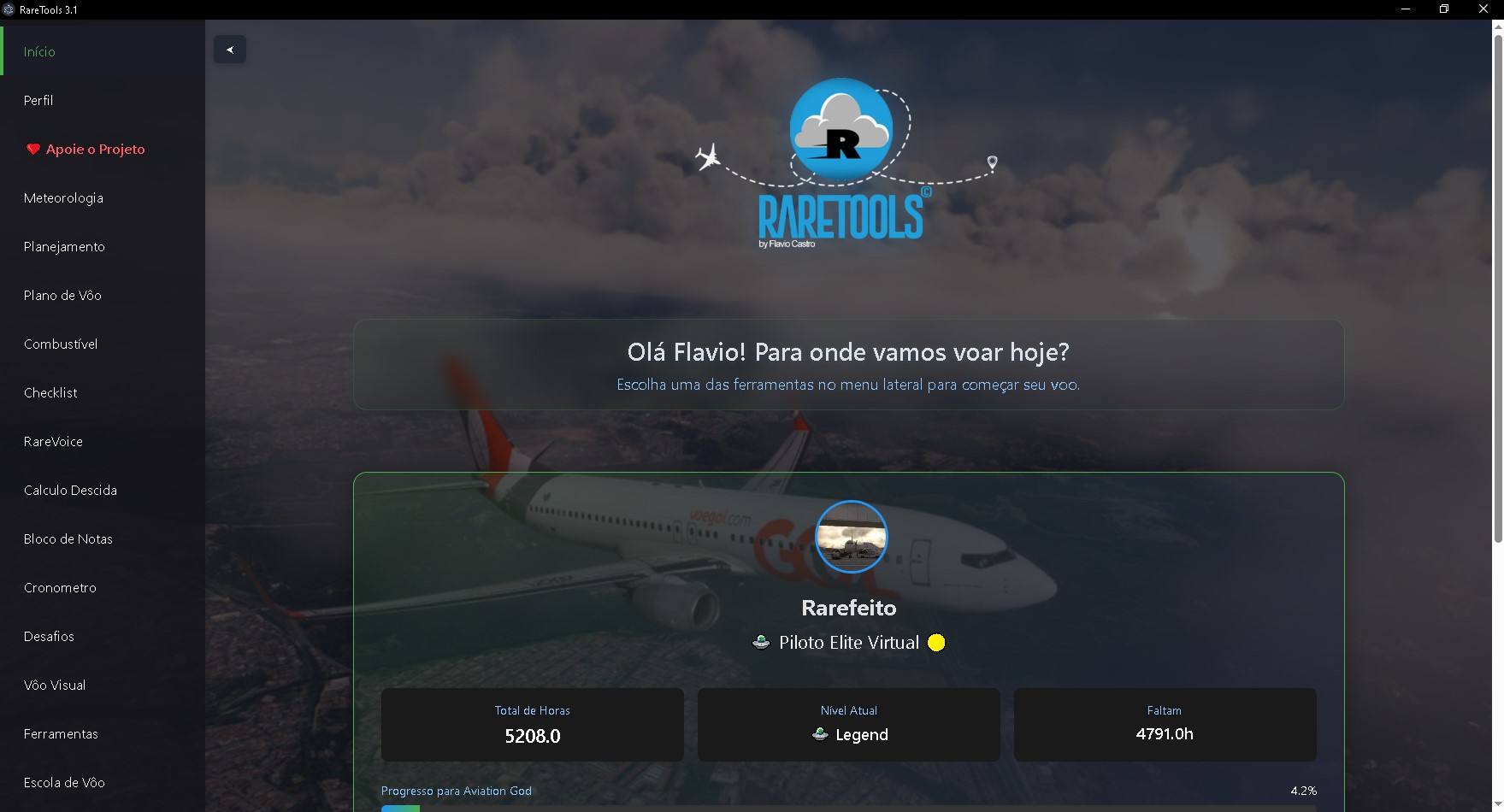 Página de Início - Boas-vindas personalizadas com sistema de rating e níveis de piloto