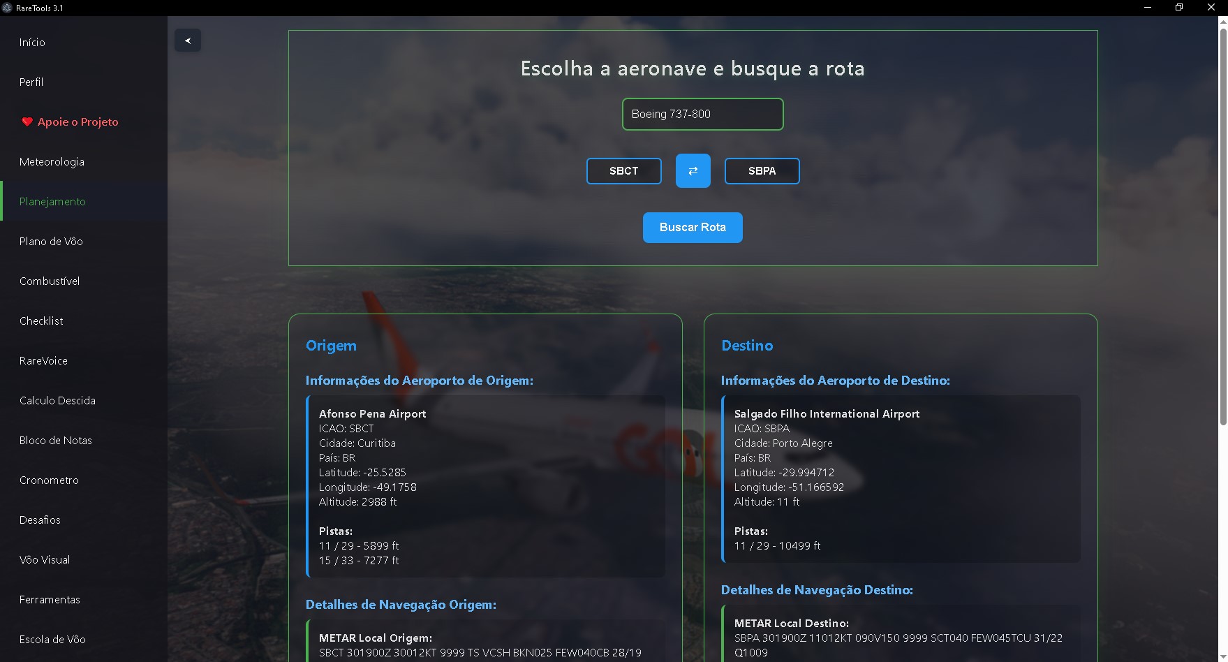 Planejamento - Ferramenta de planejamento de rotas com seleção de aeronave